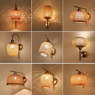 Στρογγυλό Μπαμπού Wicker Ρατάνι τοίχος Sconce 3500K για εσωτερικό μπάνιο